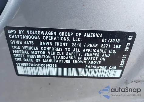 2013 Volkswagen Passat 2.5L Se z USA, uszkodzony, nr VIN 1VWBP7A31DC090296